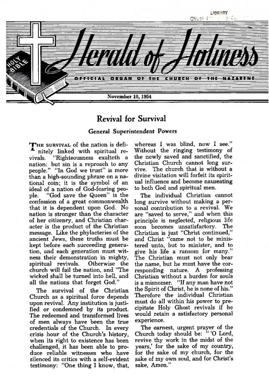 Title Page of Herald of Holiness - November 10, 1954