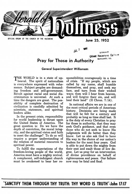 Title Page of Herald of Holiness - June 25, 1952