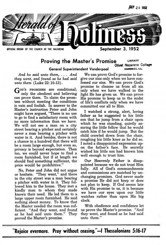 Title Page of Herald of Holiness - September 3, 1952