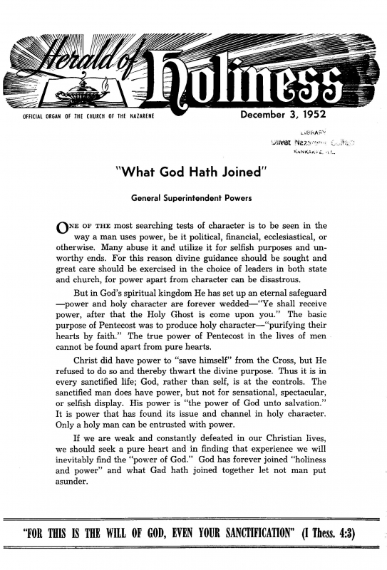 Title Page of Herald of Holiness - December 3, 1952