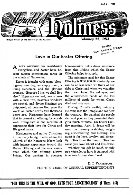 Title Page of Herald of Holiness - February 25, 1953