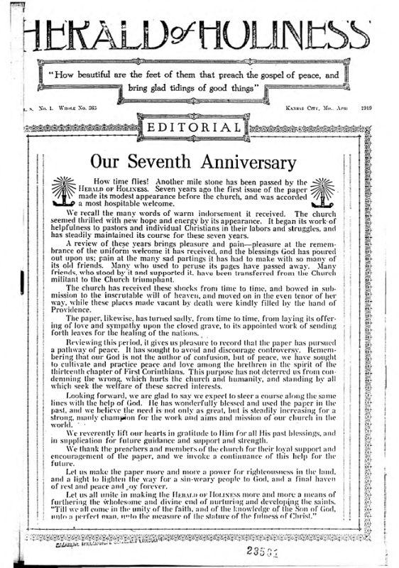 Title Page of Herald of Holiness - April 9, 1919