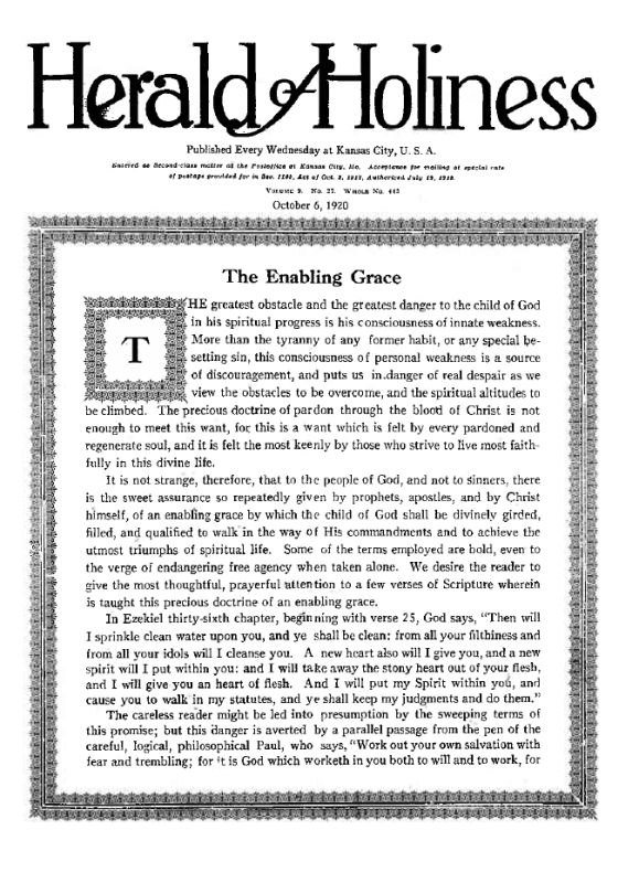 Title Page of Herald of Holiness - October 6, 1920