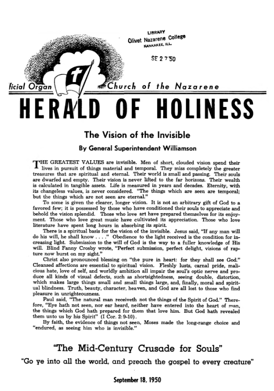 Cover page of Herald of Holiness - September 18, 1950