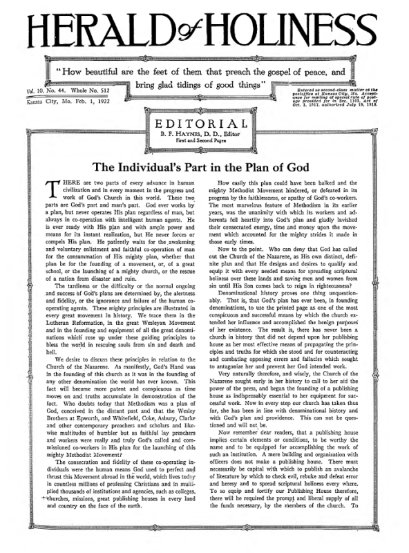 Front page of Herald of Holiness - February 1, 1922