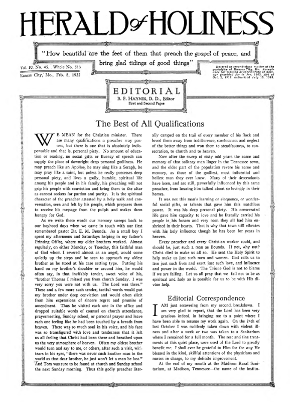 Front page of Herald of Holiness - February 8, 1922