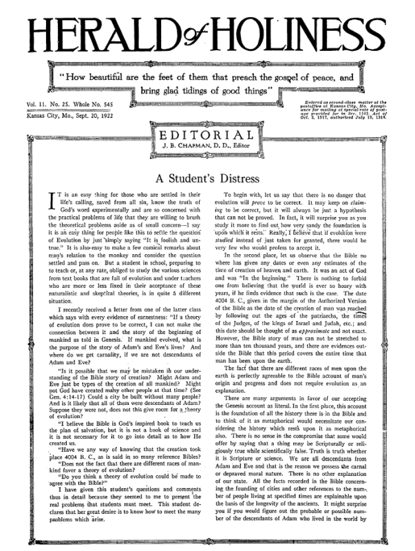 Front page of Herald of Holiness - September 20, 1922