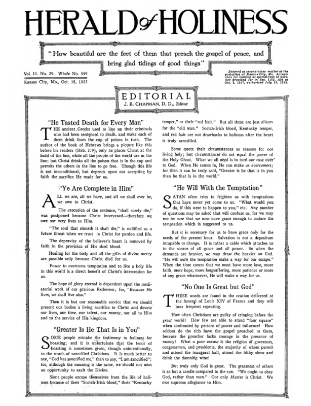 Front page of Herald of Holiness - October 18, 1922
