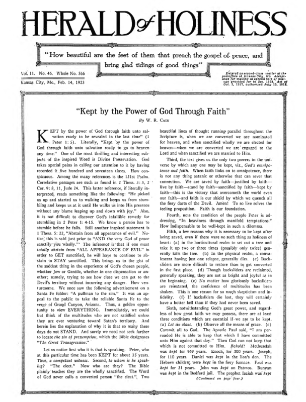 Front page of Herald of Holiness - February 14, 1923