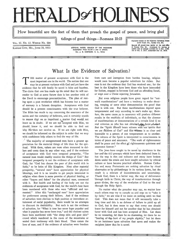 Front page of Herald of Holiness - June 20, 1923