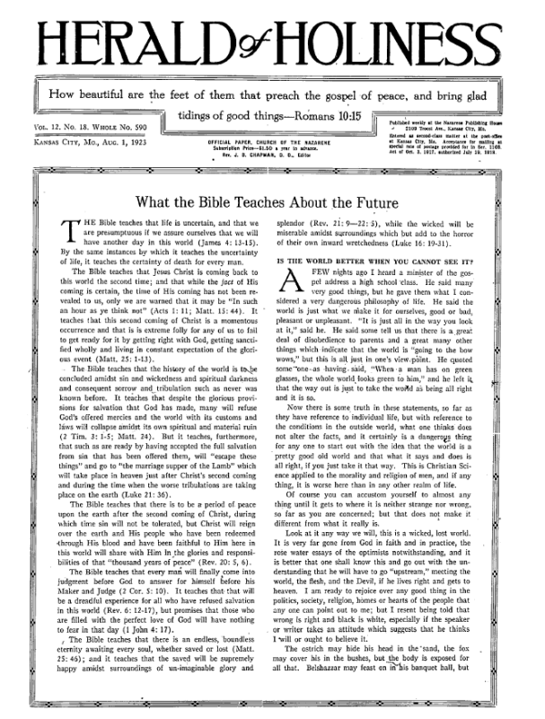 Front page of Herald of Holiness - August 1, 1923