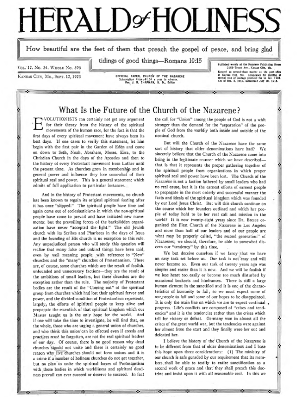 Front page of Herald of Holiness - September 12, 1923
