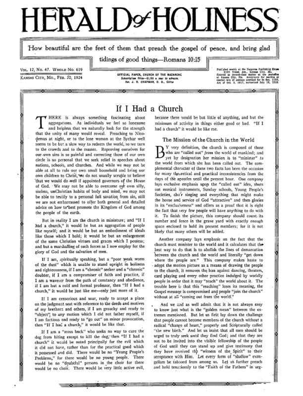 Front page of Herald of Holiness - February 20, 1924