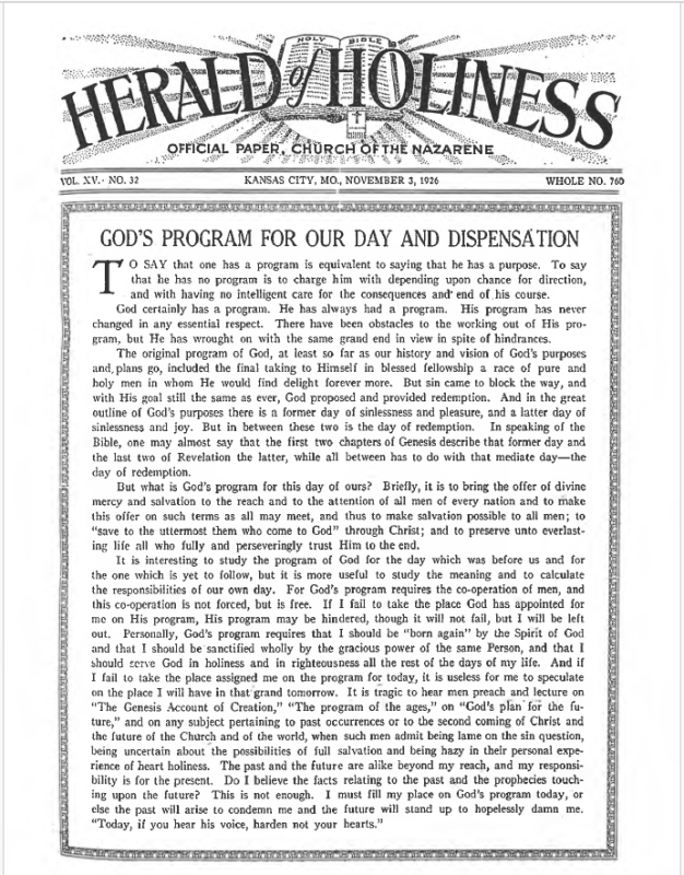 Front page of Herald of Holiness - November 3, 1926