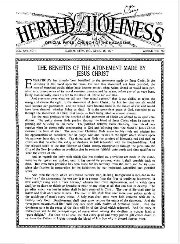 Front page of Herald of Holiness - April 20, 1927