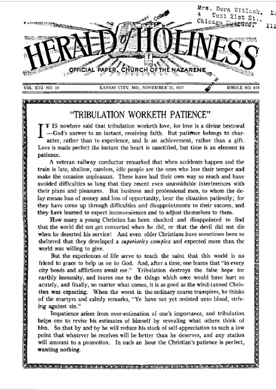 Front page of Herald of Holiness - November 23, 1927