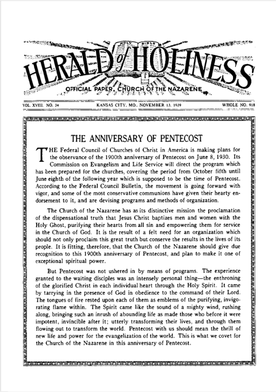 Front page of Herald of Holiness - November 13, 1929