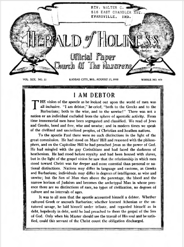 Front page of Herald of Holiness - August 27, 1930