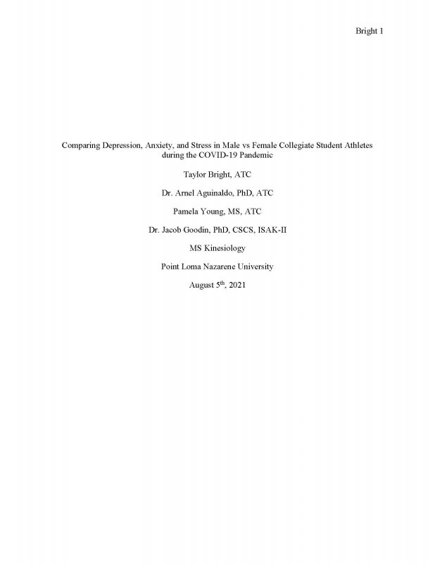 Comparing Depression, Anxiety, and Stress in Male vs Female Collegiate Student Athletes during the COVID-19 Pandemic