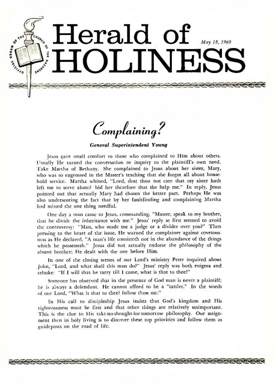 Herald of Holiness - May 18, 1960