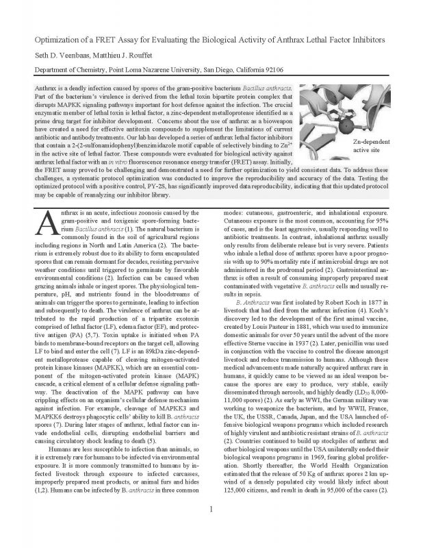 Optimization of a FRET Assay for Evaluating the Biological Activity of Anthrax Lethal Factor Inhibitors